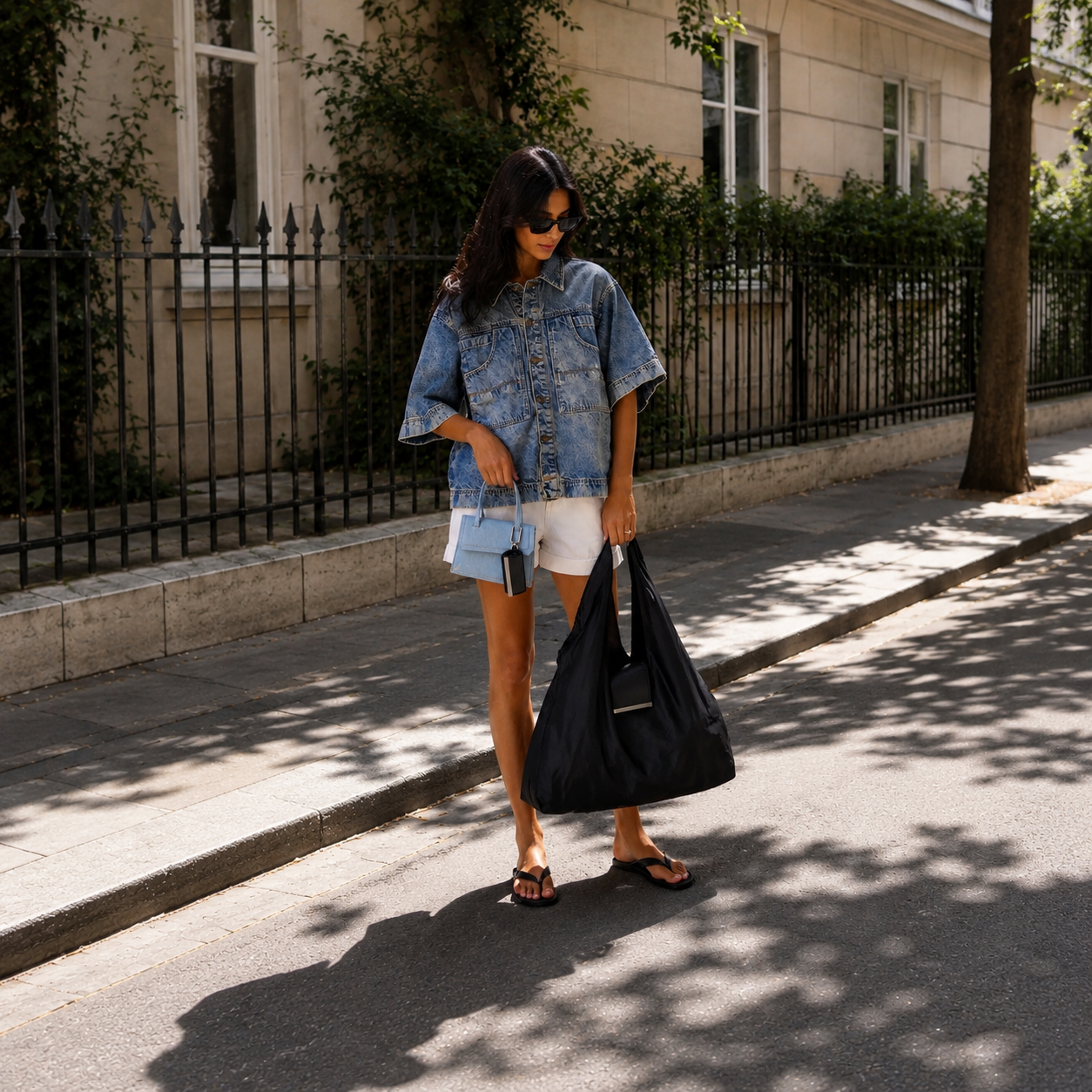 Woman carrying Varelli tote while walking in the city